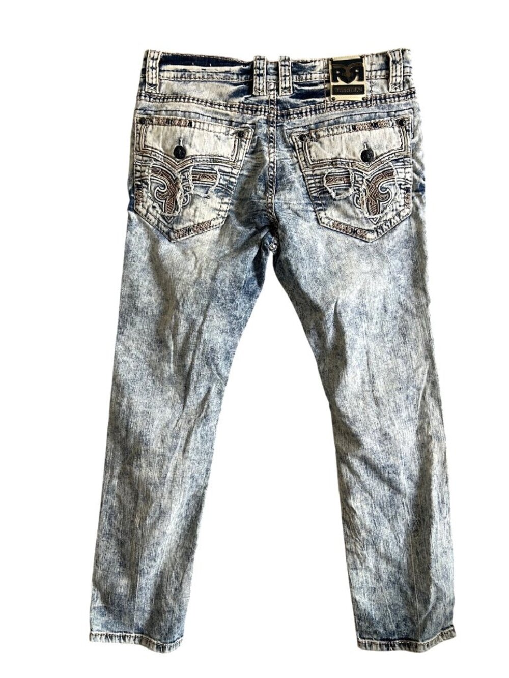 Rock Revival Mens Sz 38 Nardo Straight Distressed Light Wash Denim Jeans